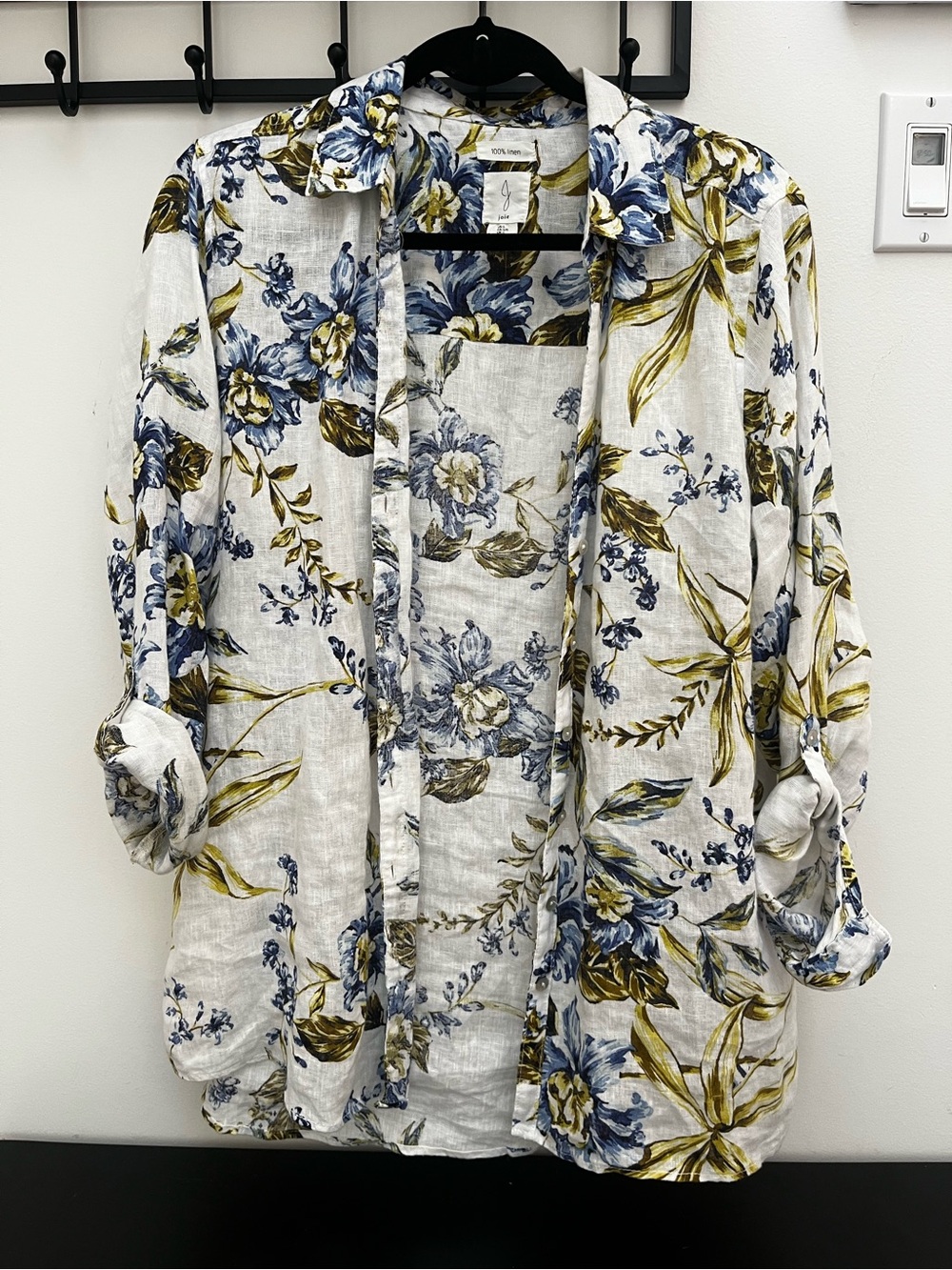 Joie Linen White Button-Down Shirt with Blue & Olive Floral Print L